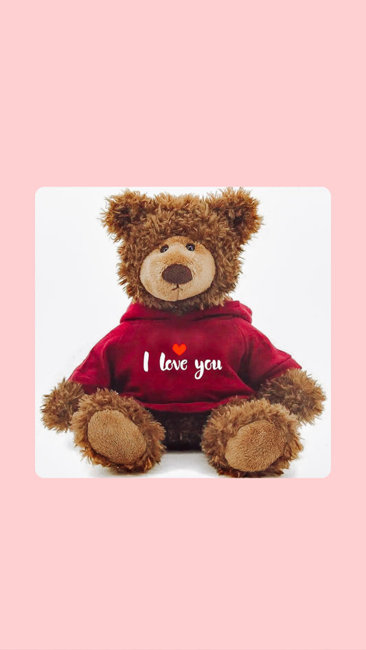 Frankie Bear 10" with Maroon I Love You Hoodie Burgundy