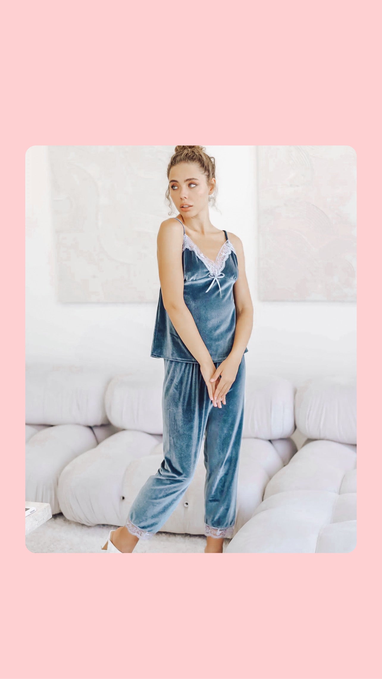 Blue-Grey Velvet Velour Dreamy Pajama Set